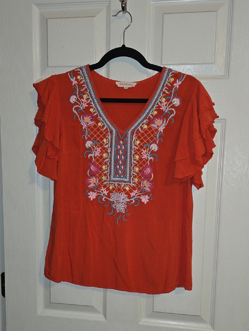 Solitaire Bright Orange Embroidered V-Neck Ruffle Sleeve Blouse